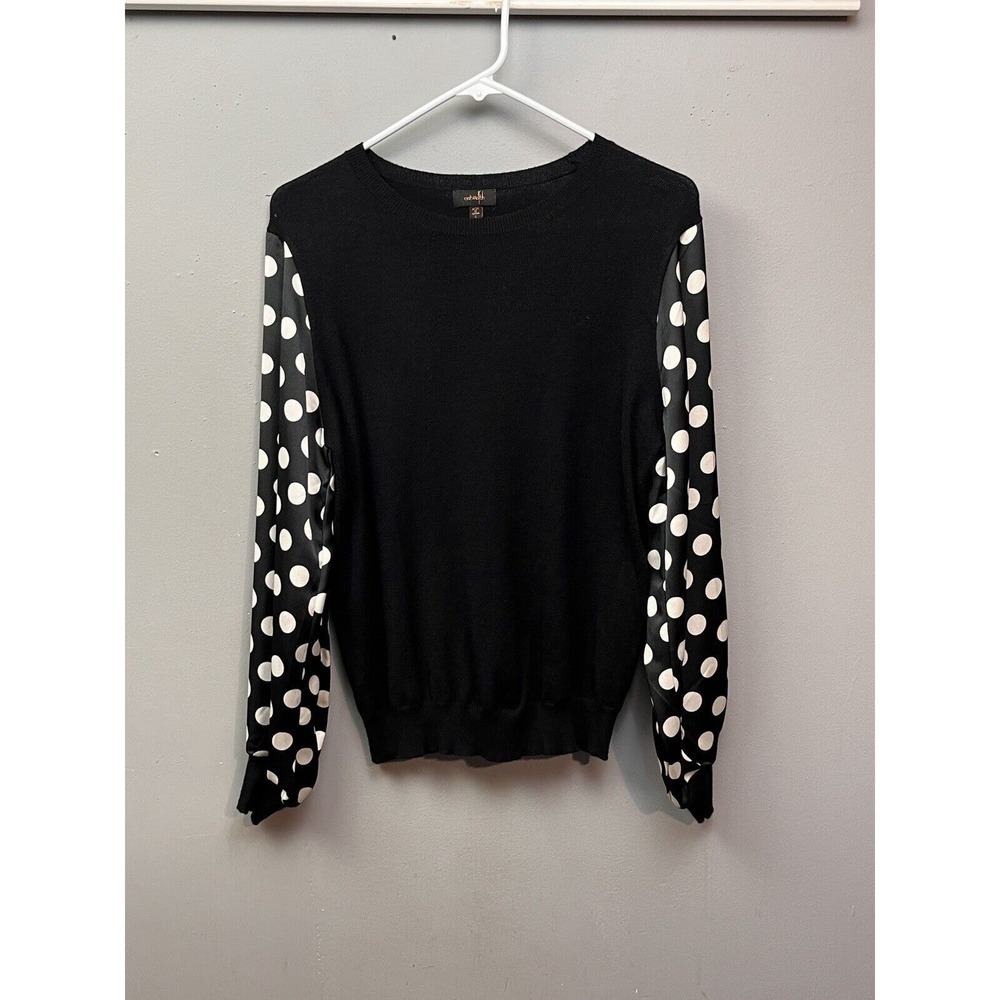 OnTwelfth Sweater Womens Small Black Polka Dot Mixed Media Satin Sleeve Pullover